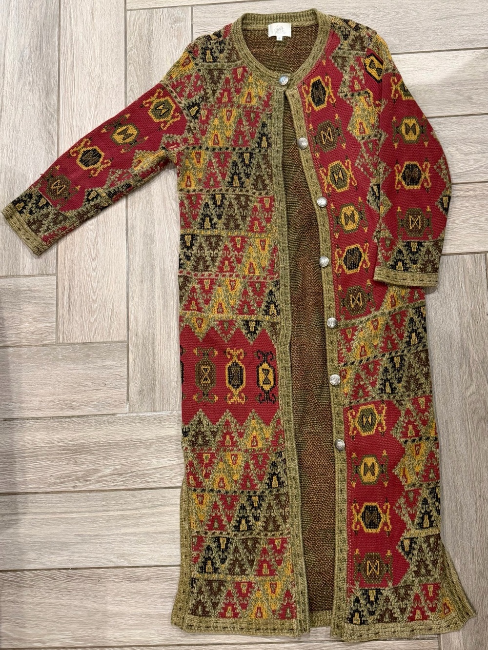Soft Surroundings vintage boho and western Red & Olive Patterned Long Cardigan